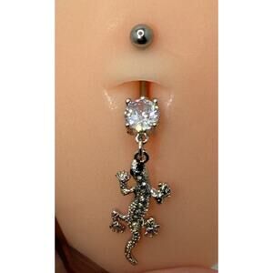 Silver Lizard Belly Button Ring Clear Crystal Body Jewelry 14g 1.6mm